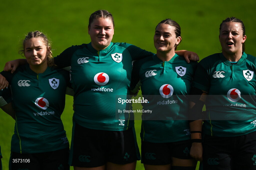 20 September 2026; Ireland players, from left, Sadhbh McGrath, Eilís Cahill, Jane Clohessy and Brittany Hogan stand for the playing of the National Anthem before the WXV Global Series match between Ireland and USA at Tallaght Stadium in Dublin. Photo by Stephen McCarthy/Sportsfile