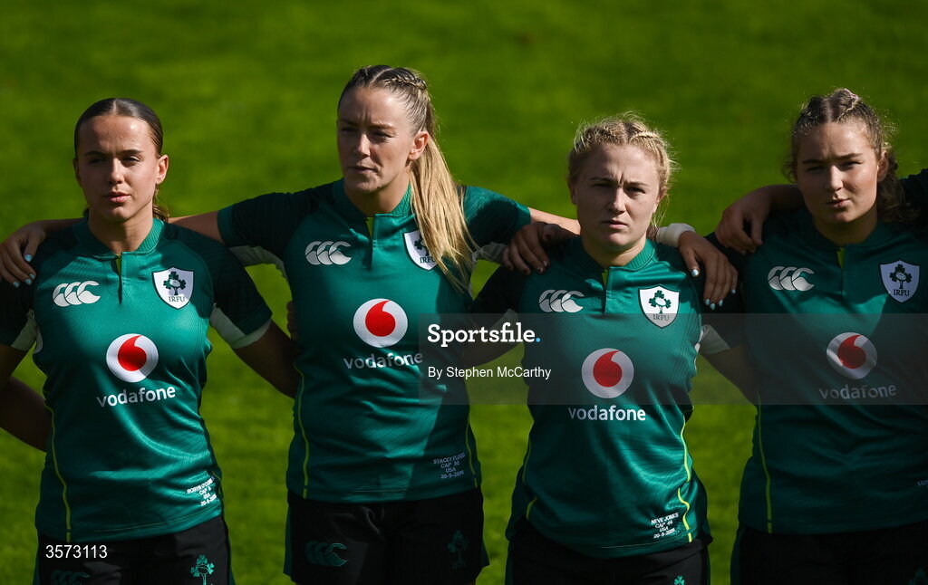 20 September 2026; Ireland players, from left, Robyn O'Connor, Stacey Flood, Neve Jones and Sadhbh McGrath stand for the playing of the National Anthem before the WXV Global Series match between Ireland and USA at Tallaght Stadium in Dublin. Photo by Stephen McCarthy/Sportsfile