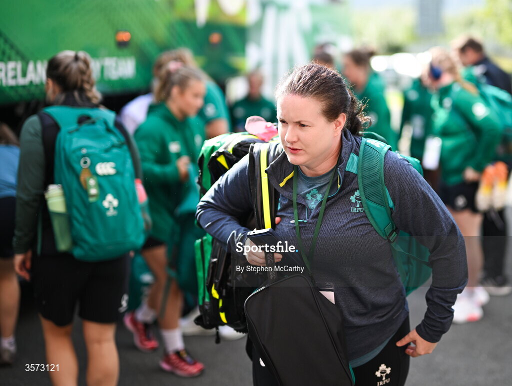 20 September 2026; Ireland team doctor Valerie Hayes arrives for the WXV Global Series match between Ireland and USA at Tallaght Stadium in Dublin. Photo by Stephen McCarthy/Sportsfile