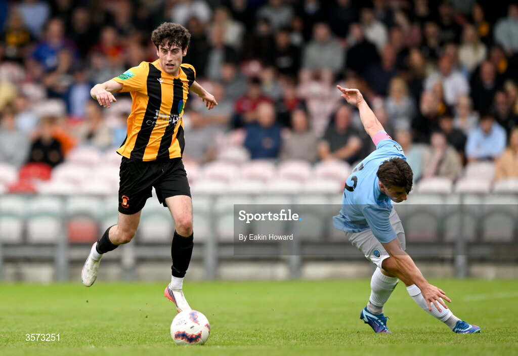 20 September 2026; Oisín Dorgan of Cobh Wanderers in action against Colm Murphy of St Mary's AFC during the 2026 FAI Intermediate Cup Final between Cobh Wanderers and St Mary's at Munster FA Turners Cross Stadium in Cork. Photo by Eakin Howard/Sportsfile