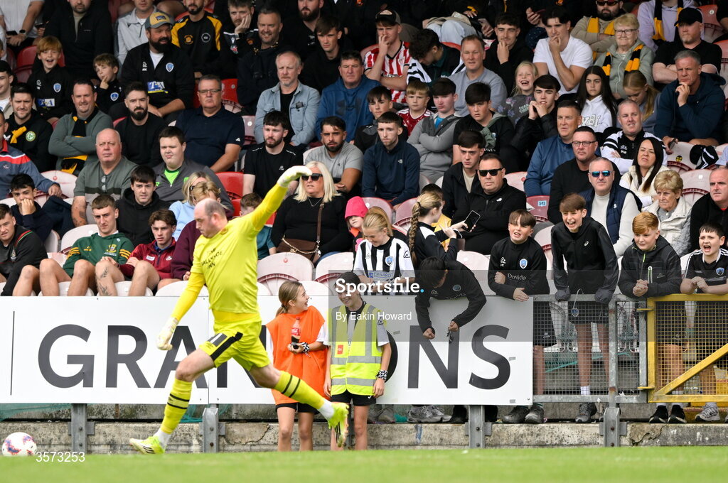 20 September 2026; Spectators watch Cobh Wanderers goalkeeper Mark Power in action during the 2026 FAI Intermediate Cup Final between Cobh Wanderers and St Mary's at Munster FA Turners Cross Stadium in Cork. Photo by Eakin Howard/Sportsfile
