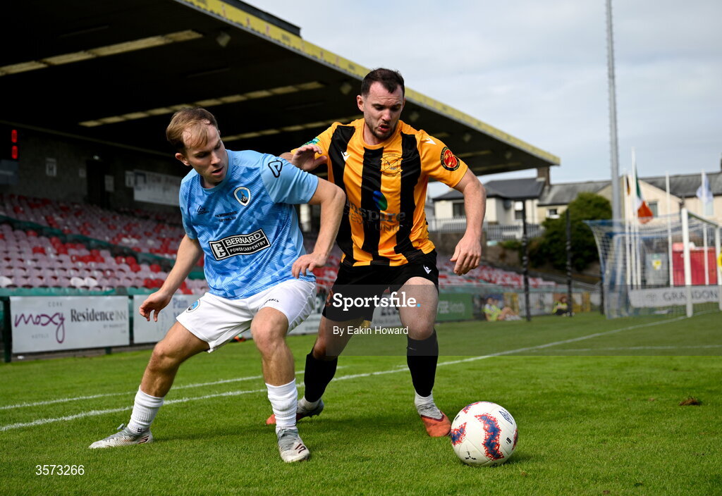 20 September 2026; Fionn Kelly of St Mary's AFC in action against George Keating of Cobh Wanderers during the 2026 FAI Intermediate Cup Final between Cobh Wanderers and St Mary's at Munster FA Turners Cross Stadium in Cork. Photo by Eakin Howard/Sportsfile
