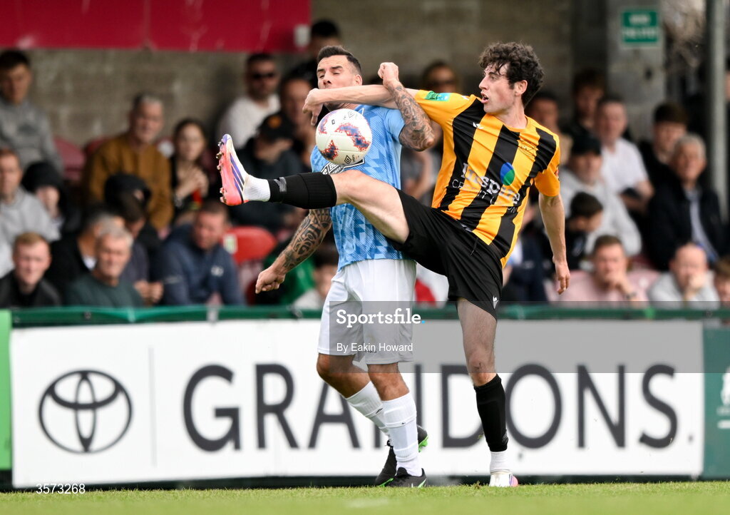 20 September 2026; Jason Conway of St Mary's AFC in action against Oisín Dorgan of Cobh Wanderers during the 2026 FAI Intermediate Cup Final between Cobh Wanderers and St Mary's at Munster FA Turners Cross Stadium in Cork. Photo by Eakin Howard/Sportsfile