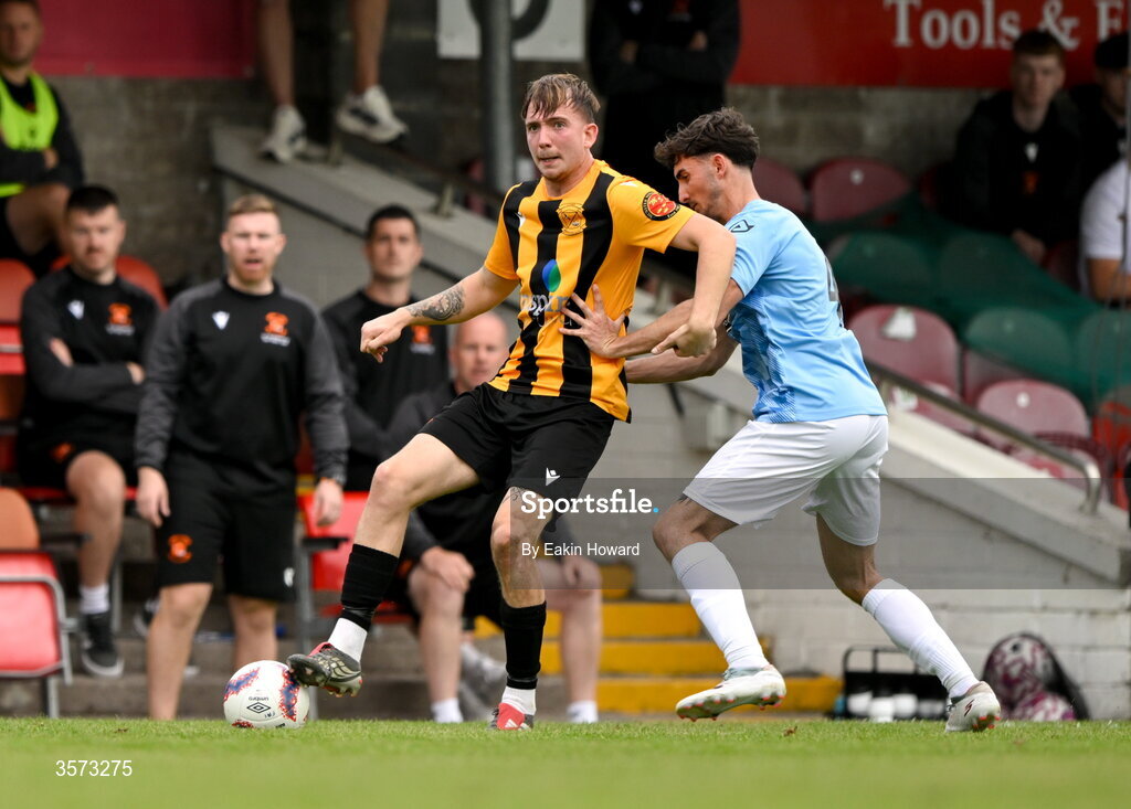 20 September 2026; Ciaran Griffin of Cobh Wanderers in action against David Dunphy of St Mary's AFC during the 2026 FAI Intermediate Cup Final between Cobh Wanderers and St Mary's at Munster FA Turners Cross Stadium in Cork. Photo by Eakin Howard/Sportsfile