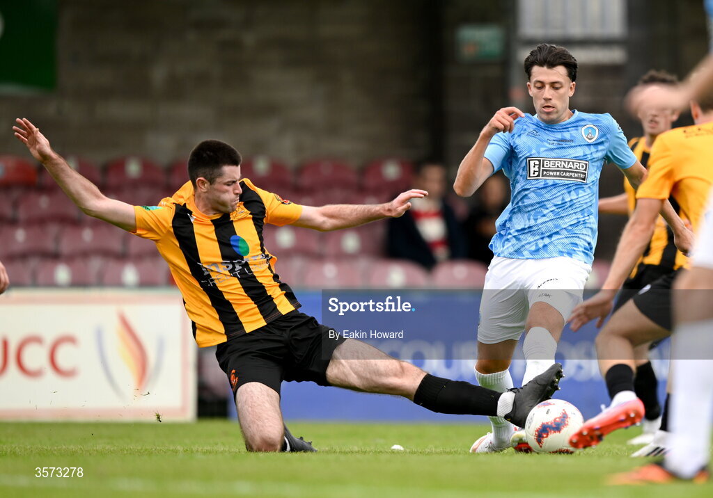 20 September 2026; James O'Leary of St Mary's AFC in action against Eoin Hastings of Cobh Wanderers during the 2026 FAI Intermediate Cup Final between Cobh Wanderers and St Mary's at Munster FA Turners Cross Stadium in Cork. Photo by Eakin Howard/Sportsfile