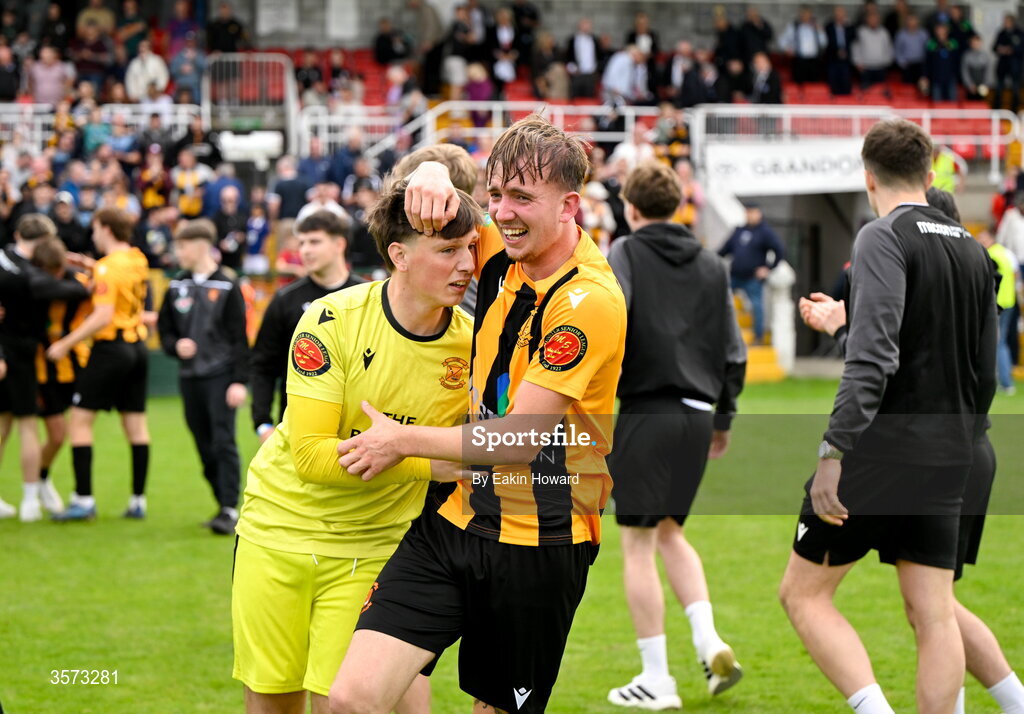 20 September 2026; Ciaran Griffin of Cobh Wanderers celebrates with team-mate Bryan Stapleton after winning the 2026 FAI Intermediate Cup Final between Cobh Wanderers and St Mary's at Munster FA Turners Cross Stadium in Cork. Photo by Eakin Howard/Sportsfile