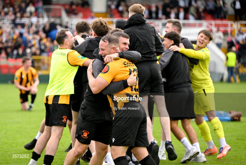 20 September 2026; Kyle Downing of Cobh Wanderers celebrates with team-mates after winning the 2026 FAI Intermediate Cup Final between Cobh Wanderers and St Mary's at Munster FA Turners Cross Stadium in Cork. Photo by Eakin Howard/Sportsfile