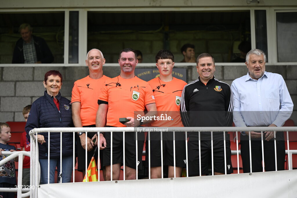 20 September 2026; Referees Robert O'Leary, Tom McCarthy, Bobby Coonan, and Allan Martin are honored by FAI President Paul Cooke and board member and Director of Football at the FAI, Geraldine Nagle, after the 2026 FAI Intermediate Cup Final between Cobh Wanderers and St Mary's at Munster FA Turners Cross Stadium in Cork. Photo by Eakin Howard/Sportsfile