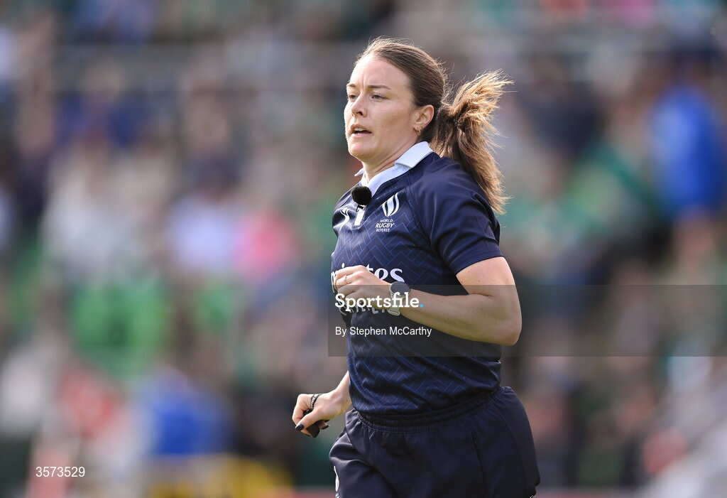 20 September 2026; Referee Maggie Cogger-Orr during the WXV Global Series match between Ireland and USA at Tallaght Stadium in Dublin. Photo by Stephen McCarthy/Sportsfile
