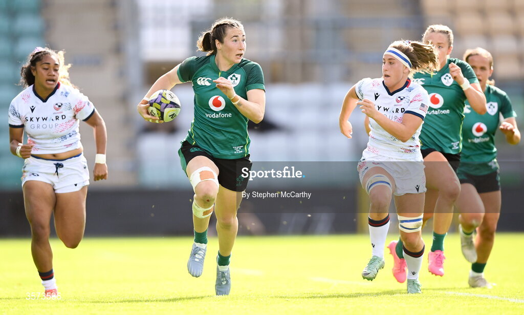 20 September 2026; Eve Higgins of Ireland during the WXV Global Series match between Ireland and USA at Tallaght Stadium in Dublin. Photo by Stephen McCarthy/Sportsfile
