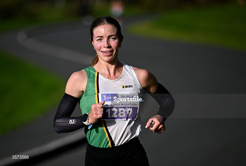 20 September 2026; Sarah Diamond from Wicklow pictured during the 2026 Irish Life Dublin Half Marathon, which took place on Sunday 20th September in Phoenix Park, marking the final event of the 2026 Irish Life Dublin Race Series. Photo by Seb Daly/Sportsfile