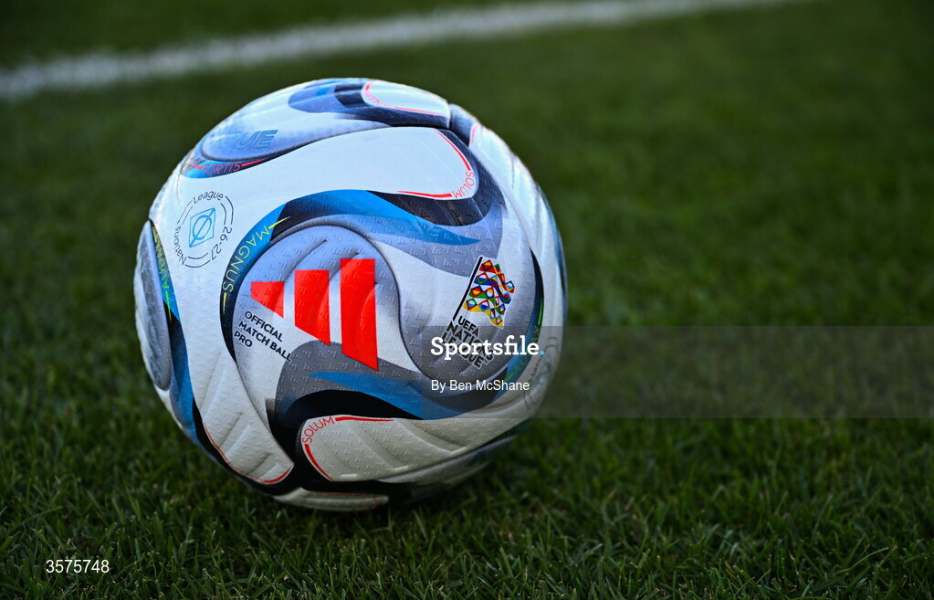 24 September 2026; A detailed view of the UEFA Nations League match ball before the UEFA Nations League B match between Kosovo and Republic of Ireland at Fadil Vokrri Stadium in Pristina, Kosovo. Photo by Ben McShane/Sportsfile