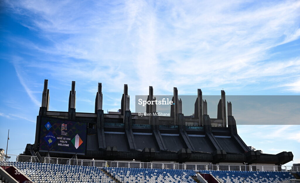 24 September 2026; The Palace of Youth and Sports is seen beside the stadium before the UEFA Nations League B match between Kosovo and Republic of Ireland at Fadil Vokrri Stadium in Pristina, Kosovo. Photo by Ben McShane/Sportsfile