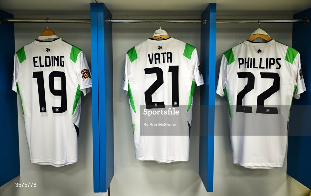 24 September 2026; The jersey's of Owen Elding, Rocco Vata and Killian Philips hang in the Republic of Ireland dressing room before the UEFA Nations League B match between Kosovo and Republic of Ireland at Fadil Vokrri Stadium in Pristina, Kosovo. Photo by Ben McShane/Sportsfile
