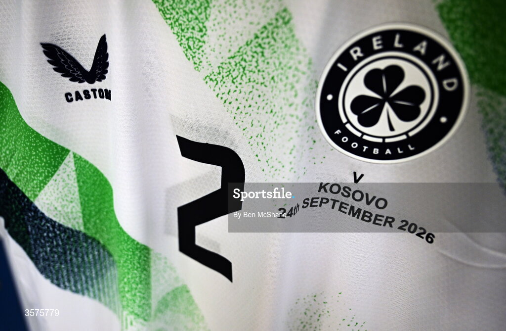 24 September 2026; A detailed view of the jersey assigned to James Abankwah in the Republic of Ireland dressing room before the UEFA Nations League B match between Kosovo and Republic of Ireland at Fadil Vokrri Stadium in Pristina, Kosovo. Photo by Ben McShane/Sportsfile