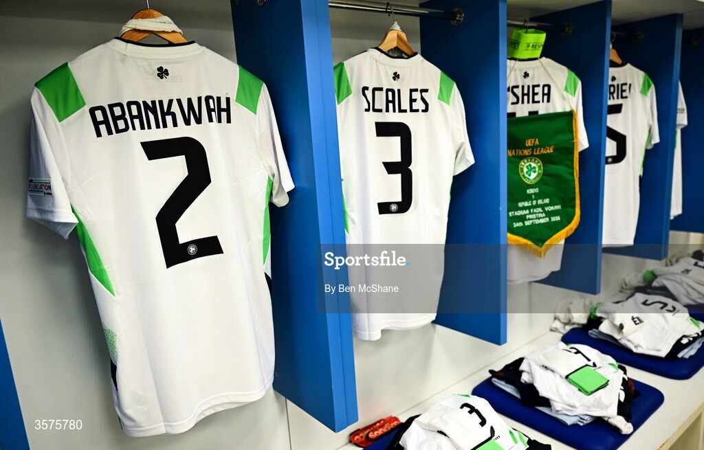 24 September 2026; The jersey's of James Abankwah, Liam Scales and Dara O'Shea hang in the Republic of Ireland dressing room before the UEFA Nations League B match between Kosovo and Republic of Ireland at Fadil Vokrri Stadium in Pristina, Kosovo. Photo by Ben McShane/Sportsfile