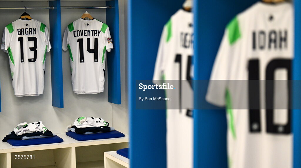 24 September 2026; The jersey's of Joel Bagan, Conor Coventry, John Egan and Adam Idah hang in the Republic of Ireland dressing room before the UEFA Nations League B match between Kosovo and Republic of Ireland at Fadil Vokrri Stadium in Pristina, Kosovo. Photo by Ben McShane/Sportsfile