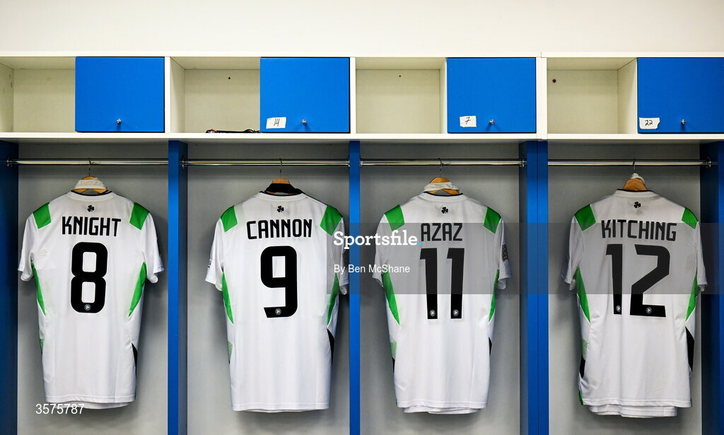 24 September 2026; The jersey's of Jason Knight, Tom Cannon, Finn Azaz and Liam Kitching hang in the Republic of Ireland dressing room before the UEFA Nations League B match between Kosovo and Republic of Ireland at Fadil Vokrri Stadium in Pristina, Kosovo. Photo by Ben McShane/Sportsfile