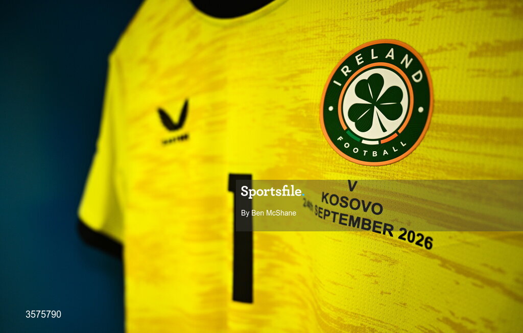 24 September 2026; A detailed view of the jersey assigned to Republic of Ireland goalkeeper Caoimhín Kelleher in their dressing room before the UEFA Nations League B match between Kosovo and Republic of Ireland at Fadil Vokrri Stadium in Pristina, Kosovo. Photo by Ben McShane/Sportsfile