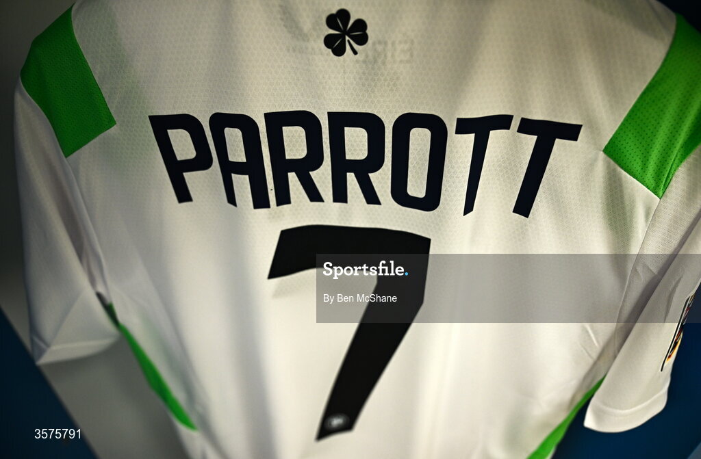 24 September 2026; A detailed view of the jersey assigned to Troy Parrott in the Republic of Ireland dressing room before the UEFA Nations League B match between Kosovo and Republic of Ireland at Fadil Vokrri Stadium in Pristina, Kosovo. Photo by Ben McShane/Sportsfile