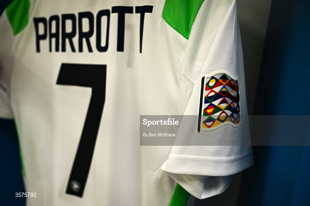 24 September 2026; A detailed view of the jersey assigned to Troy Parrott in the Republic of Ireland dressing room before the UEFA Nations League B match between Kosovo and Republic of Ireland at Fadil Vokrri Stadium in Pristina, Kosovo. Photo by Ben McShane/Sportsfile