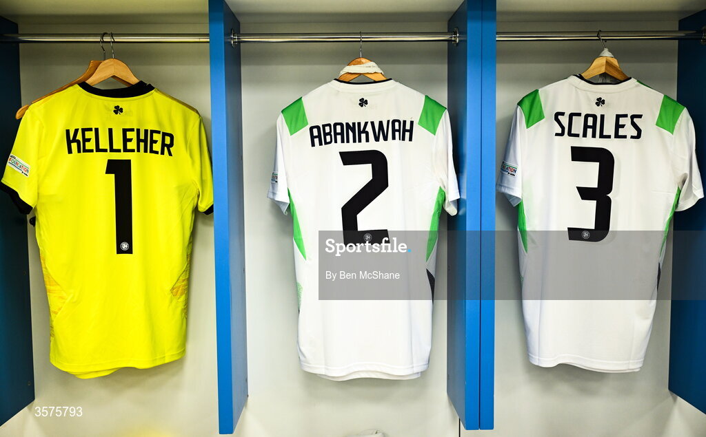 24 September 2026; The jersey's of Caoimhín Kelleher, James Abankwah and Liam Scales hang in the Republic of Ireland dressing room before the UEFA Nations League B match between Kosovo and Republic of Ireland at Fadil Vokrri Stadium in Pristina, Kosovo. Photo by Ben McShane/Sportsfile