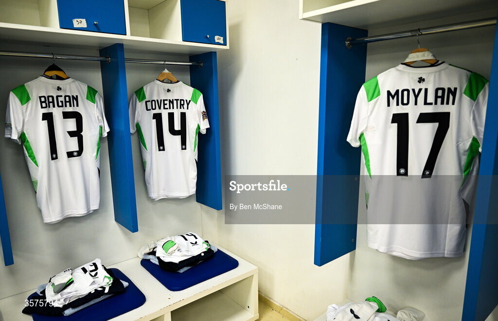 24 September 2026; The jersey's of Joel Bagan, Conor Coventry and Jack Moylan hang in the Republic of Ireland dressing room before the UEFA Nations League B match between Kosovo and Republic of Ireland at Fadil Vokrri Stadium in Pristina, Kosovo. Photo by Ben McShane/Sportsfile