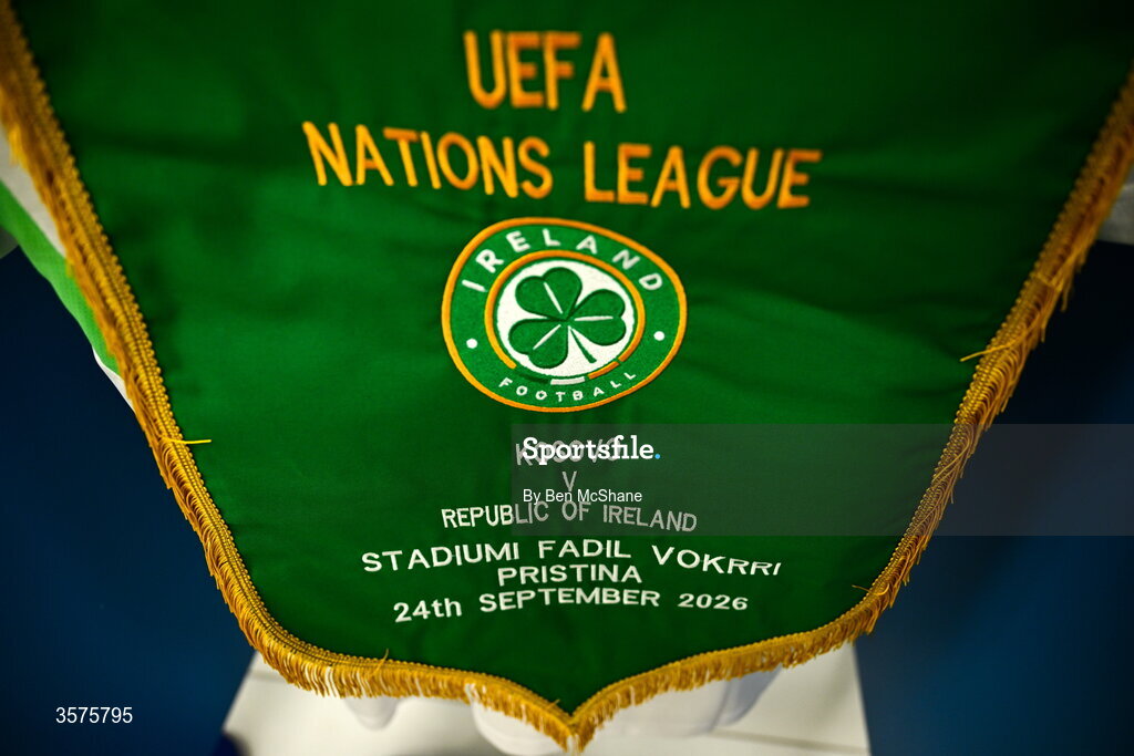 24 September 2026; A detailed view of the Republic of Ireland match pennant in their dressing room before the UEFA Nations League B match between Kosovo and Republic of Ireland at Fadil Vokrri Stadium in Pristina, Kosovo. Photo by Ben McShane/Sportsfile