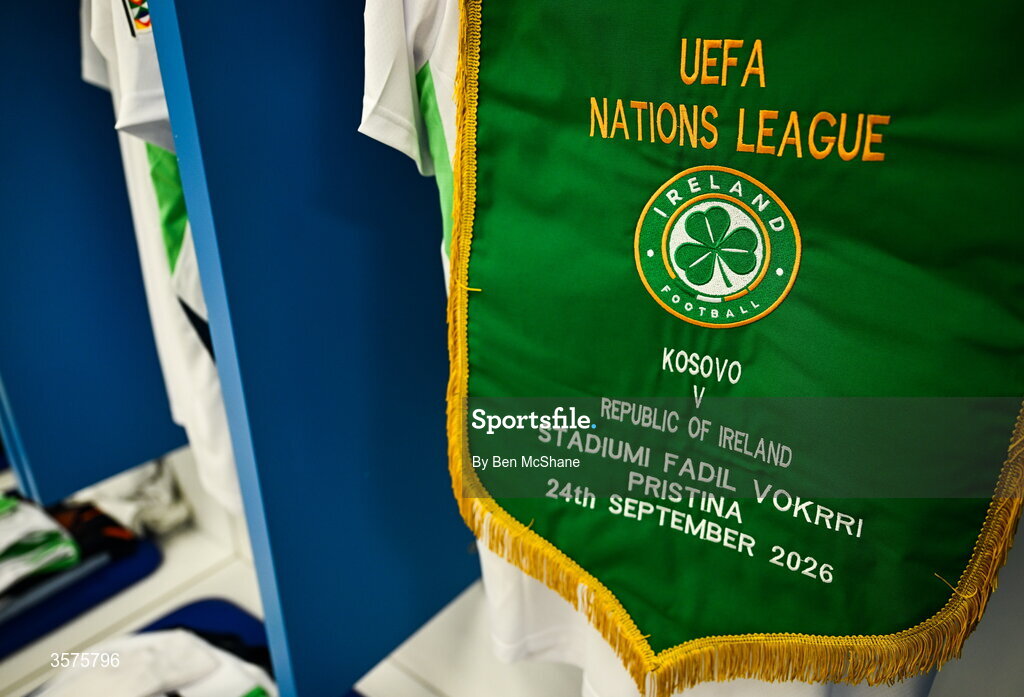 24 September 2026; A detailed view of the Republic of Ireland match pennant in their dressing room before the UEFA Nations League B match between Kosovo and Republic of Ireland at Fadil Vokrri Stadium in Pristina, Kosovo. Photo by Ben McShane/Sportsfile