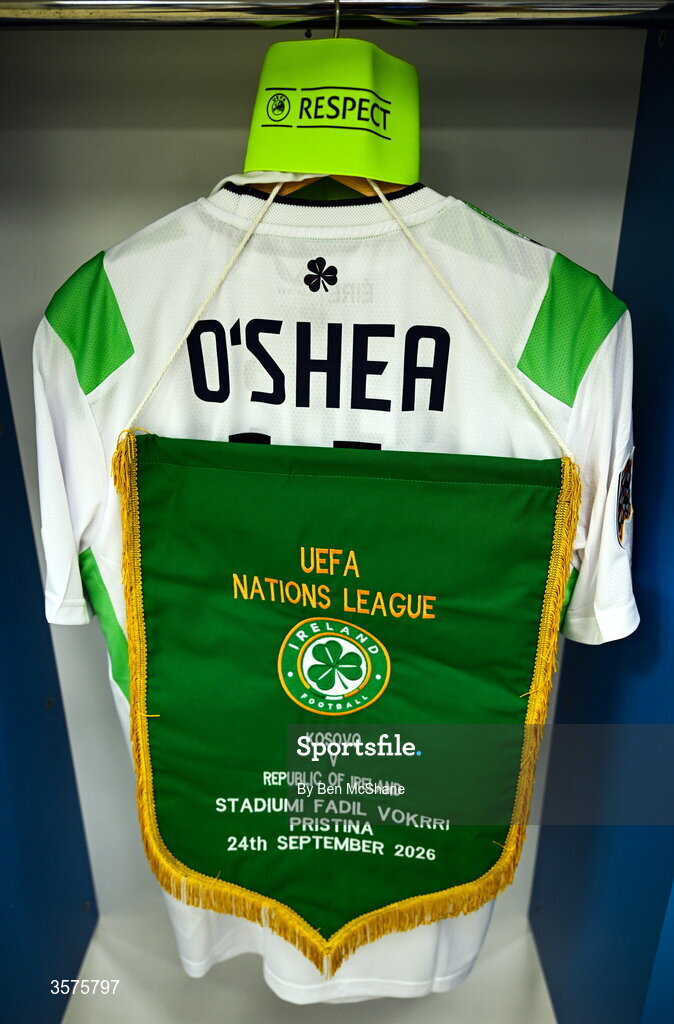 24 September 2026; The jersey of Dara O'Shea hangs in the Republic of Ireland dressing room before the UEFA Nations League B match between Kosovo and Republic of Ireland at Fadil Vokrri Stadium in Pristina, Kosovo. Photo by Ben McShane/Sportsfile