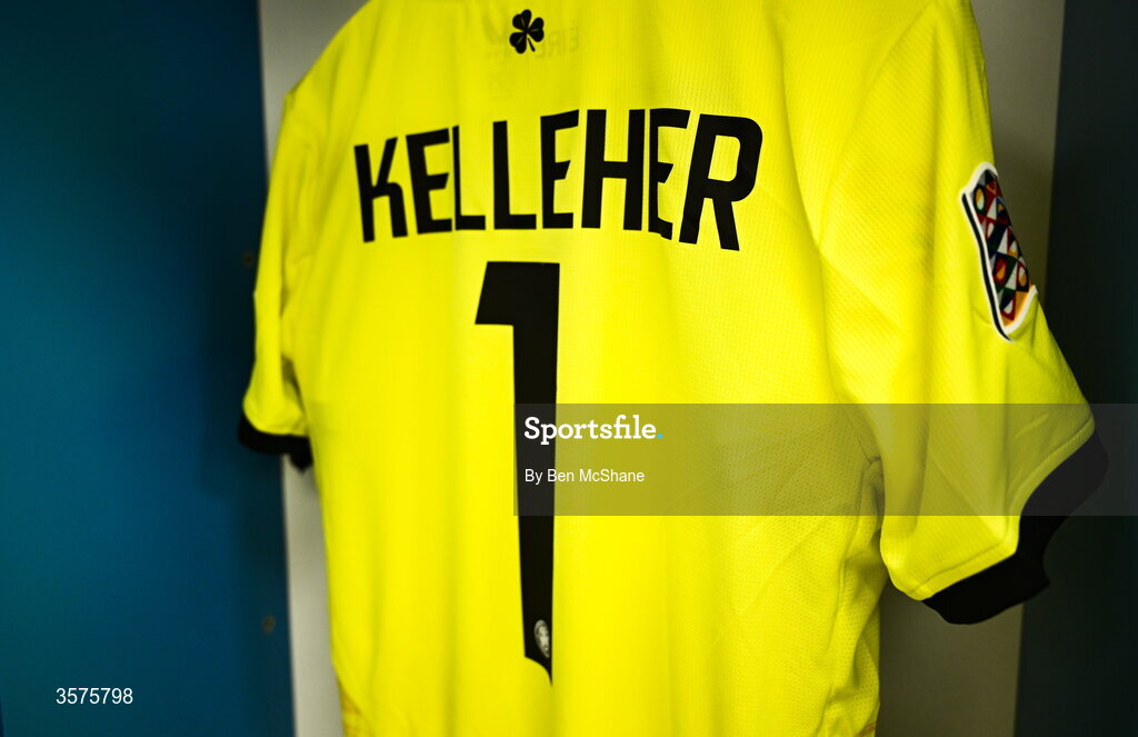 24 September 2026; The jersey of goalkeeper Caoimhín Kelleher hangs in the Republic of Ireland dressing room before the UEFA Nations League B match between Kosovo and Republic of Ireland at Fadil Vokrri Stadium in Pristina, Kosovo. Photo by Ben McShane/Sportsfile