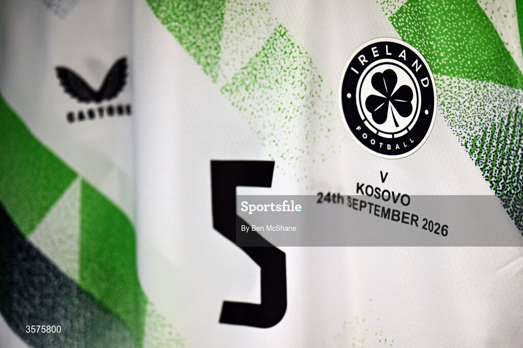 24 September 2026; A detailed view of the jersey assigned to Jake O'Brien in the Republic of Ireland dressing room before the UEFA Nations League B match between Kosovo and Republic of Ireland at Fadil Vokrri Stadium in Pristina, Kosovo. Photo by Ben McShane/Sportsfile