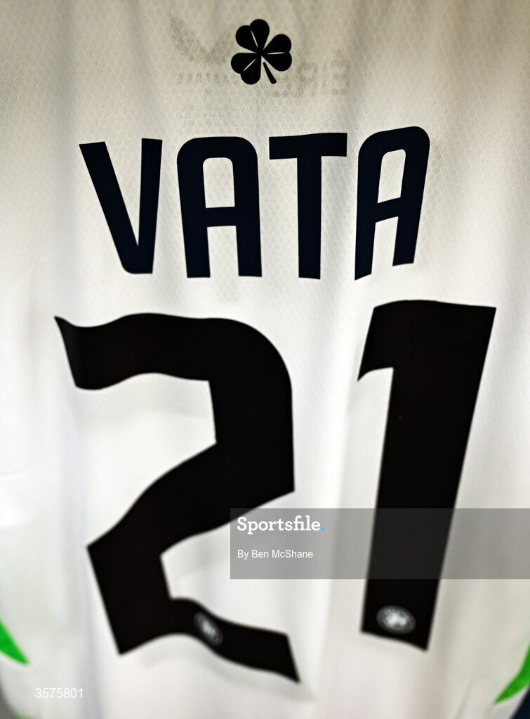24 September 2026; A detailed view of the jersey assigned to Rocco Vata in the Republic of Ireland dressing room before the UEFA Nations League B match between Kosovo and Republic of Ireland at Fadil Vokrri Stadium in Pristina, Kosovo. Photo by Ben McShane/Sportsfile