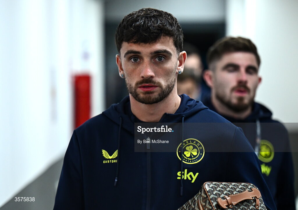 24 September 2026; Troy Parrott of Republic of Ireland arrives for the UEFA Nations League B match between Kosovo and Republic of Ireland at Fadil Vokrri Stadium in Pristina, Kosovo. Photo by Ben McShane/Sportsfile