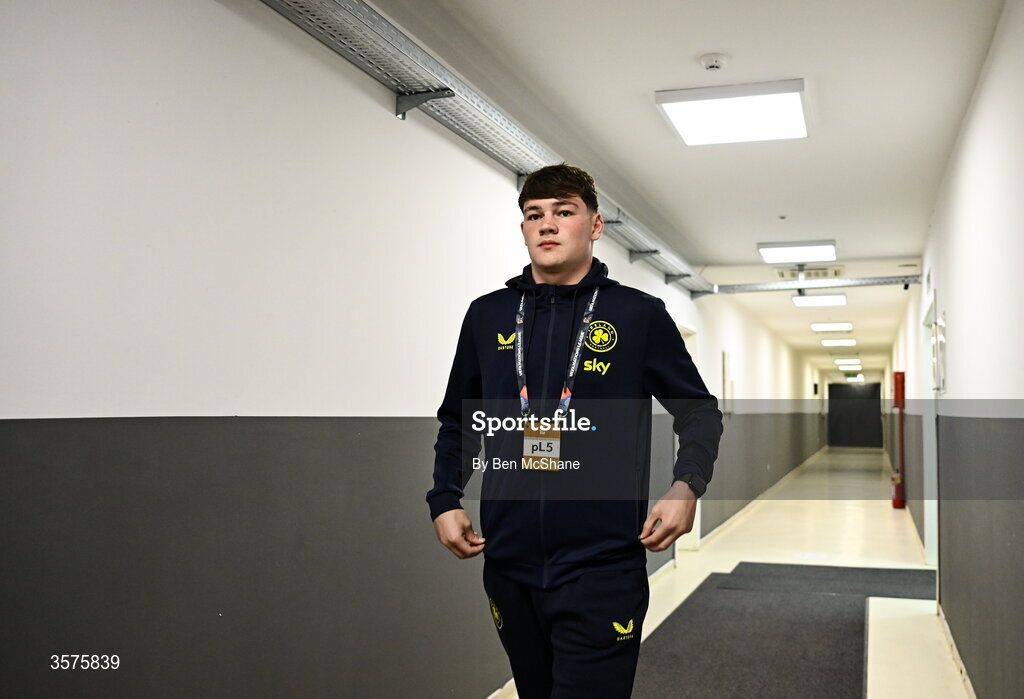 24 September 2026; Owen Elding of Republic of Ireland arrives for the UEFA Nations League B match between Kosovo and Republic of Ireland at Fadil Vokrri Stadium in Pristina, Kosovo. Photo by Ben McShane/Sportsfile