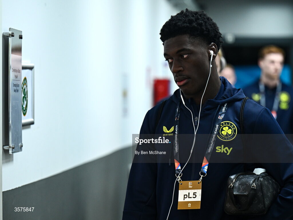 24 September 2026; James Abankwah of Republic of Ireland arrives for the UEFA Nations League B match between Kosovo and Republic of Ireland at Fadil Vokrri Stadium in Pristina, Kosovo. Photo by Ben McShane/Sportsfile