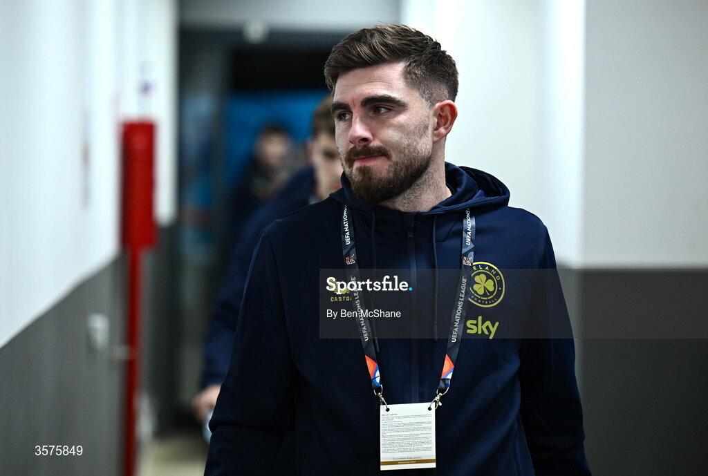 24 September 2026; Ryan Manning of Republic of Ireland arrives for the UEFA Nations League B match between Kosovo and Republic of Ireland at Fadil Vokrri Stadium in Pristina, Kosovo. Photo by Ben McShane/Sportsfile