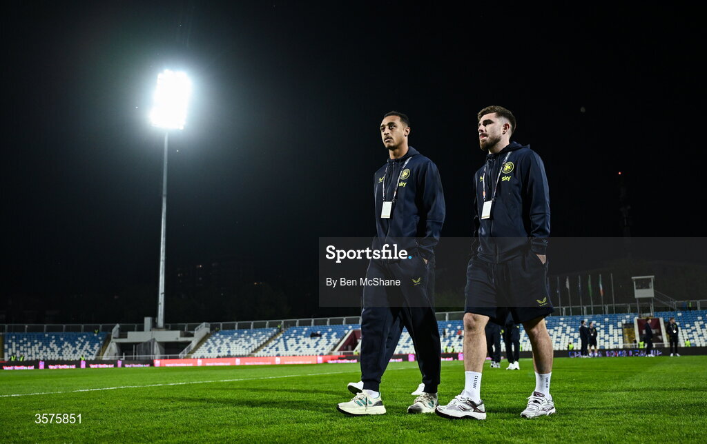 24 September 2026; Ryan Manning, right, and Adam Idah of Republic of Ireland before the UEFA Nations League B match between Kosovo and Republic of Ireland at Fadil Vokrri Stadium in Pristina, Kosovo. Photo by Ben McShane/Sportsfile