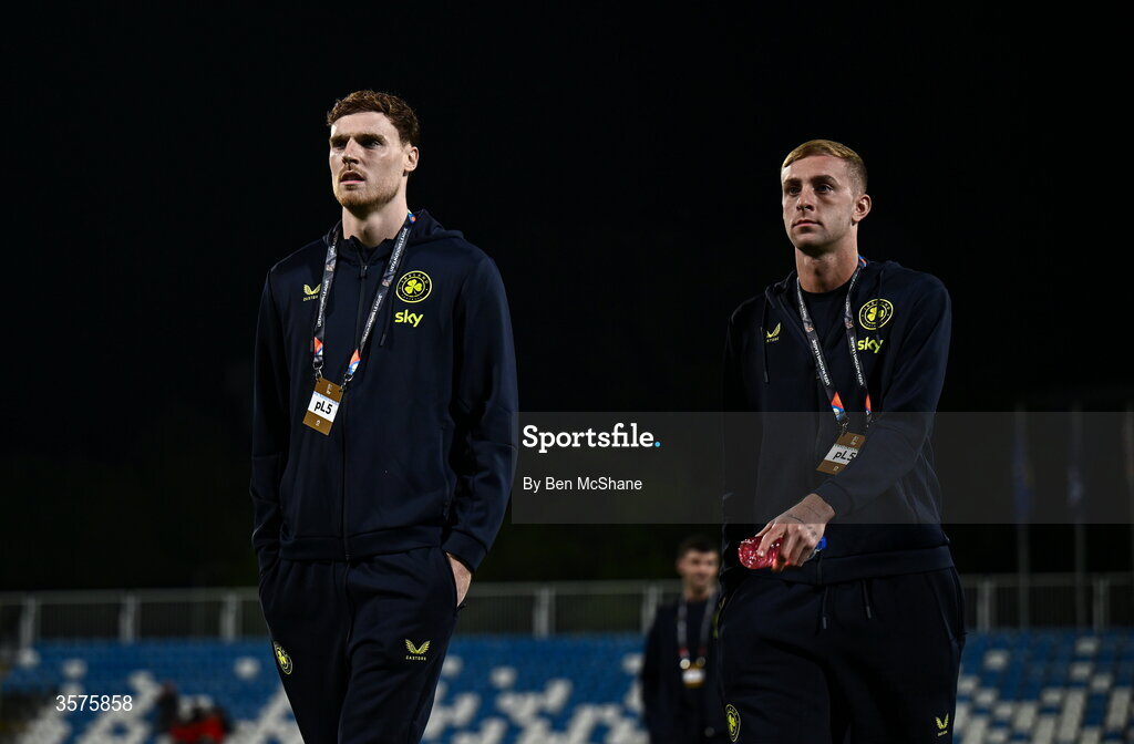 24 September 2026; Killian Philips, right, and Jake O'Brien of Republic of Ireland before the UEFA Nations League B match between Kosovo and Republic of Ireland at Fadil Vokrri Stadium in Pristina, Kosovo. Photo by Ben McShane/Sportsfile