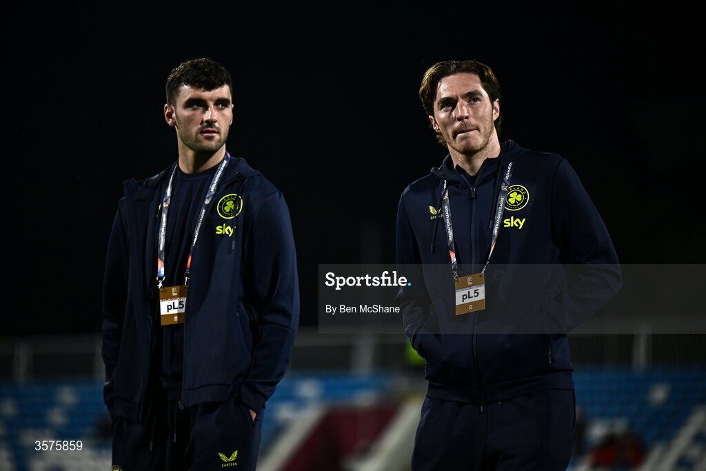 24 September 2026; Conor Coventry, right, and Tom Cannon of Republic of Ireland before the UEFA Nations League B match between Kosovo and Republic of Ireland at Fadil Vokrri Stadium in Pristina, Kosovo. Photo by Ben McShane/Sportsfile