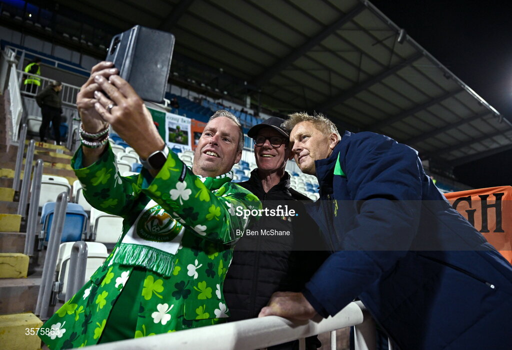 24 September 2026; Republic of Ireland head coach Heimir Hallgrimsson with Republic of Ireland supporters before the UEFA Nations League B match between Kosovo and Republic of Ireland at Fadil Vokrri Stadium in Pristina, Kosovo. Photo by Ben McShane/Sportsfile