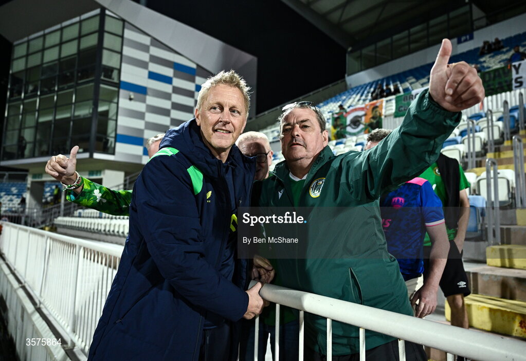 24 September 2026; Republic of Ireland head coach Heimir Hallgrimsson with supporter Dave Sheehan, from Kerry, before the UEFA Nations League B match between Kosovo and Republic of Ireland at Fadil Vokrri Stadium in Pristina, Kosovo. Photo by Ben McShane/Sportsfile