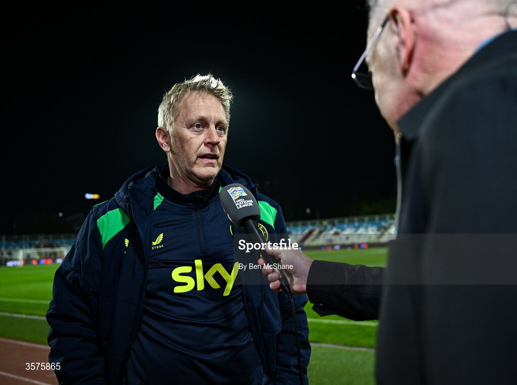 24 September 2026; Republic of Ireland head coach Heimir Hallgrimsson is interviewed by RTÉ's Tony O'Donoghue before the UEFA Nations League B match between Kosovo and Republic of Ireland at Fadil Vokrri Stadium in Pristina, Kosovo. Photo by Ben McShane/Sportsfile