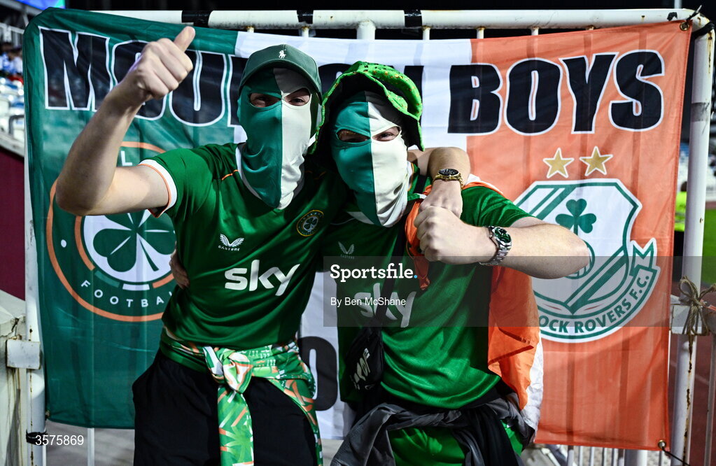 24 September 2026; Republic of Ireland Will Moulton, from Carrickmines, Dublin, and Hugh Butler, from Belfield, Dublin, before the UEFA Nations League B match between Kosovo and Republic of Ireland at Fadil Vokrri Stadium in Pristina, Kosovo. Photo by Ben McShane/Sportsfile