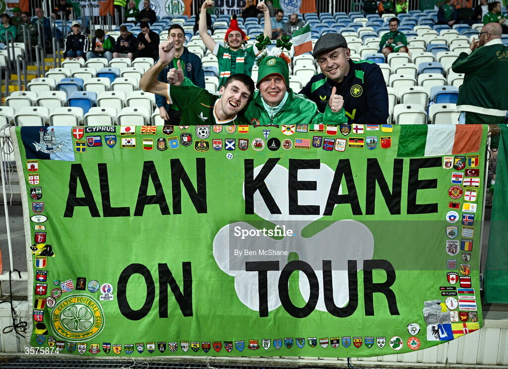 24 September 2026; Republic of Ireland supporters, from left, Dylan Kennedy, from Tallaght, Dublin; Alan Keane, from Castleknock, Dublin; and Gerry Earls, from Arklow, Wicklow, before the UEFA Nations League B match between Kosovo and Republic of Ireland at Fadil Vokrri Stadium in Pristina, Kosovo. Photo by Ben McShane/Sportsfile