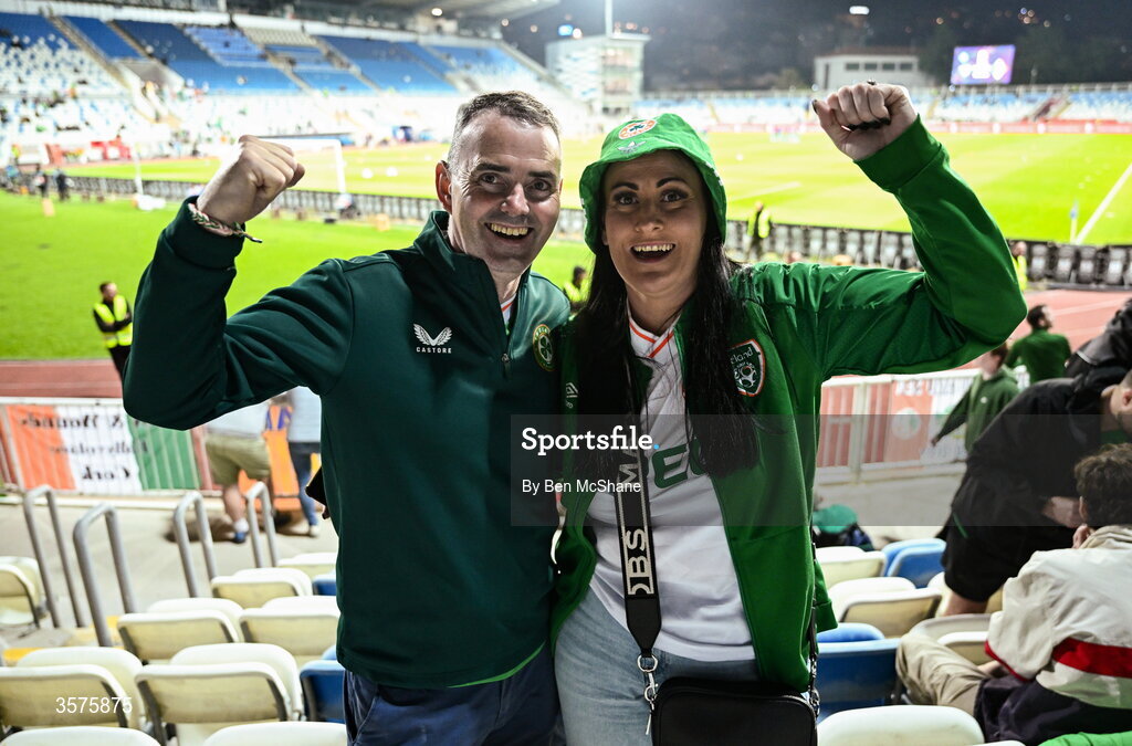 24 September 2026; Republic of Ireland supporters Tomás Colleran, left, and Noelle Barrett, from Mayo, before the UEFA Nations League B match between Kosovo and Republic of Ireland at Fadil Vokrri Stadium in Pristina, Kosovo. Photo by Ben McShane/Sportsfile