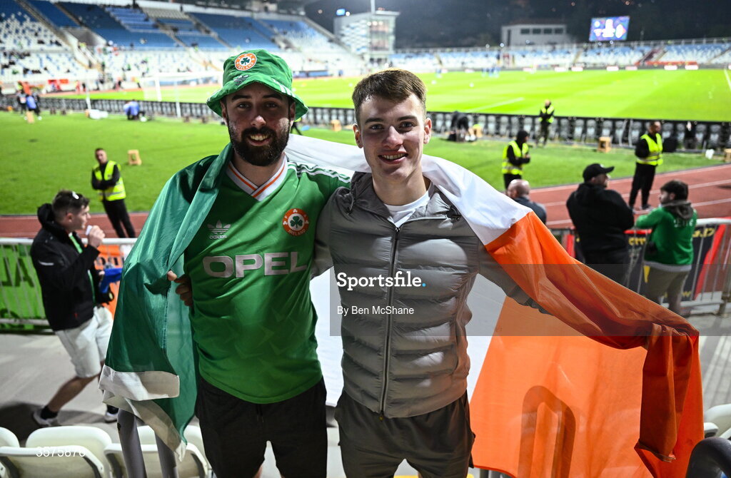 24 September 2026; Republic of Ireland supporters Stephen O'Neill, left, and Conor McFadden, both from Dublin, before the UEFA Nations League B match between Kosovo and Republic of Ireland at Fadil Vokrri Stadium in Pristina, Kosovo. Photo by Ben McShane/Sportsfile