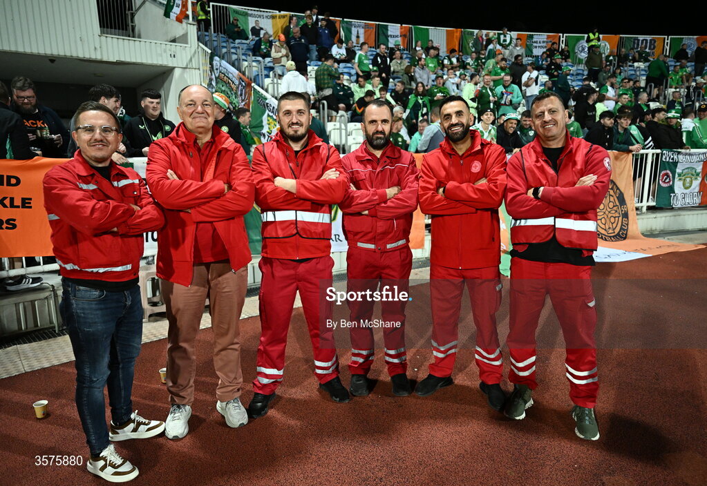 24 September 2026; Safety marshals pose for a photograph in front of Republic of Ireland supporters before the UEFA Nations League B match between Kosovo and Republic of Ireland at Fadil Vokrri Stadium in Pristina, Kosovo. Photo by Ben McShane/Sportsfile