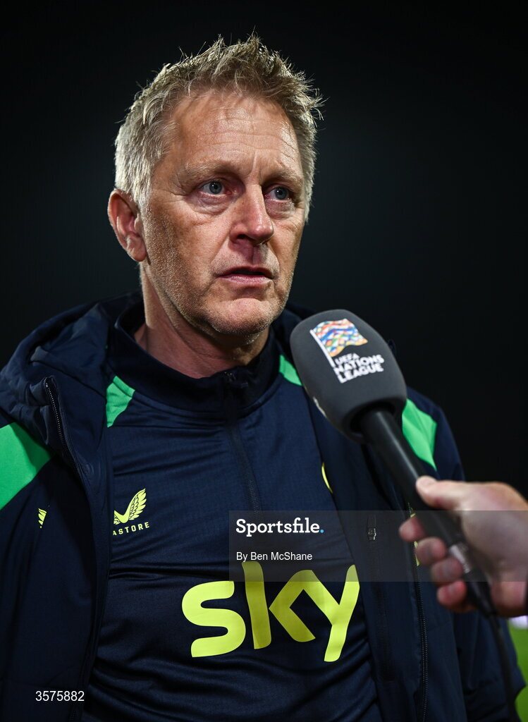 24 September 2026; Republic of Ireland head coach Heimir Hallgrimsson speaks to RTÉ before the UEFA Nations League B match between Kosovo and Republic of Ireland at Fadil Vokrri Stadium in Pristina, Kosovo. Photo by Ben McShane/Sportsfile