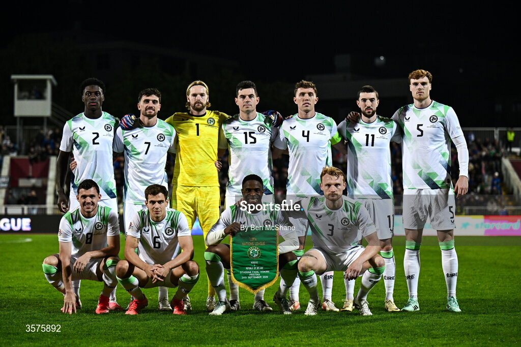 24 September 2026; The Republic of Ireland team, back row, from left, James Abankwah, Troy Parrott, goalkeeper Caoimhín Kelleher, John Egan, Dara O'Shea, Finn Azaz and Jake O'Brien, with, front row, Jason Knight, Jayson Molumby, Chiedozie Ogbene and Liam Scales before the UEFA Nations League B match between Kosovo and Republic of Ireland at Fadil Vokrri Stadium in Pristina, Kosovo. Photo by Ben McShane/Sportsfile